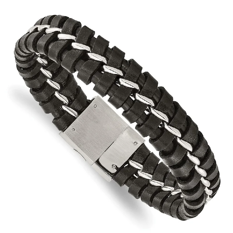 Men's 16mm Stainless Steel & Black Leather Bracelet, 9 Inch