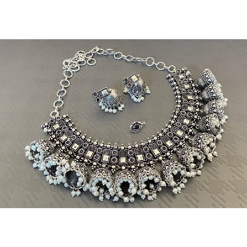 Akruti Collection Oxidised Plated Pota Stone And Pearls Necklace Set