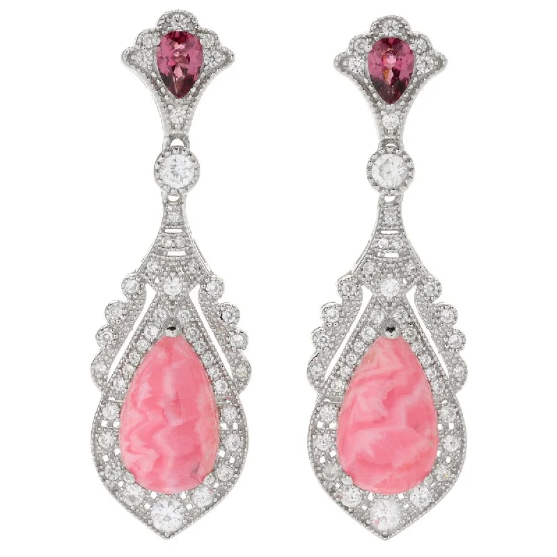 Dallas Prince Designs Sterling Silver 1.75" Garnet, Rhodochrosite & White Zircon Teardrop Earrings