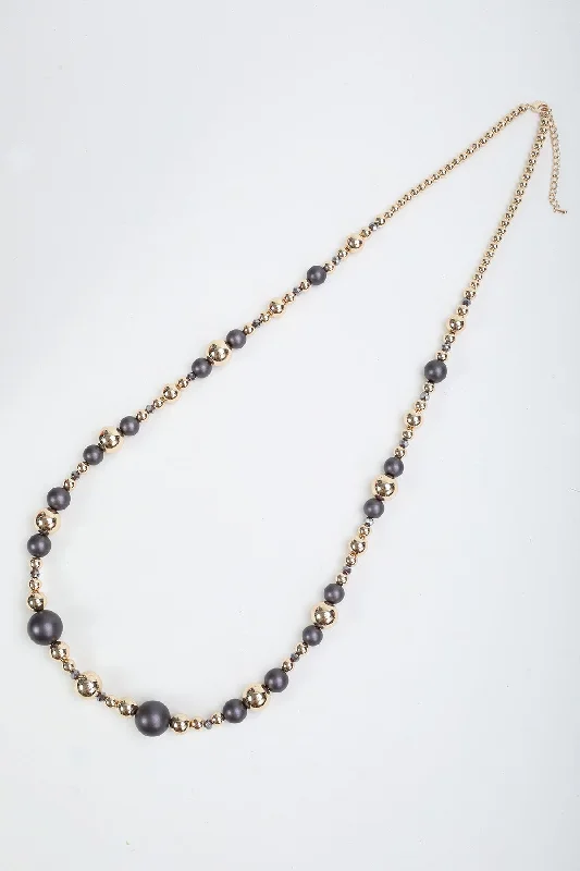 Dark Brown Faux Pearl Gold Beaded Long Necklace