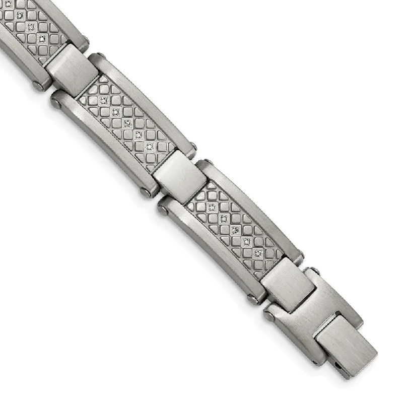 Men's 12mm Stainless Steel White Diamond Textured Bracelet, 9 Inch