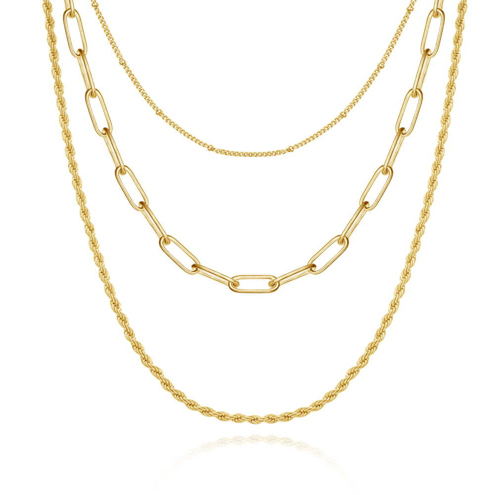 Dainty 14K Gold Layered Necklaces- Satellite+Twist+Paperclip