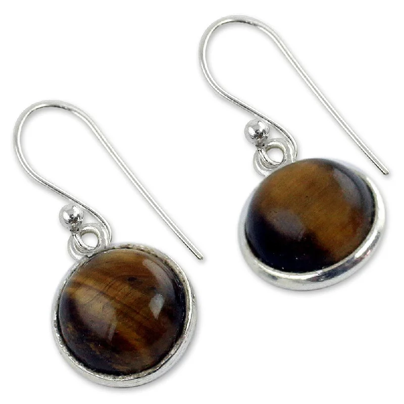 NOVICA Handmade Lucky Hunch Tiger's Eye Sterling Silver Earrings (India) - 0.9*0.4