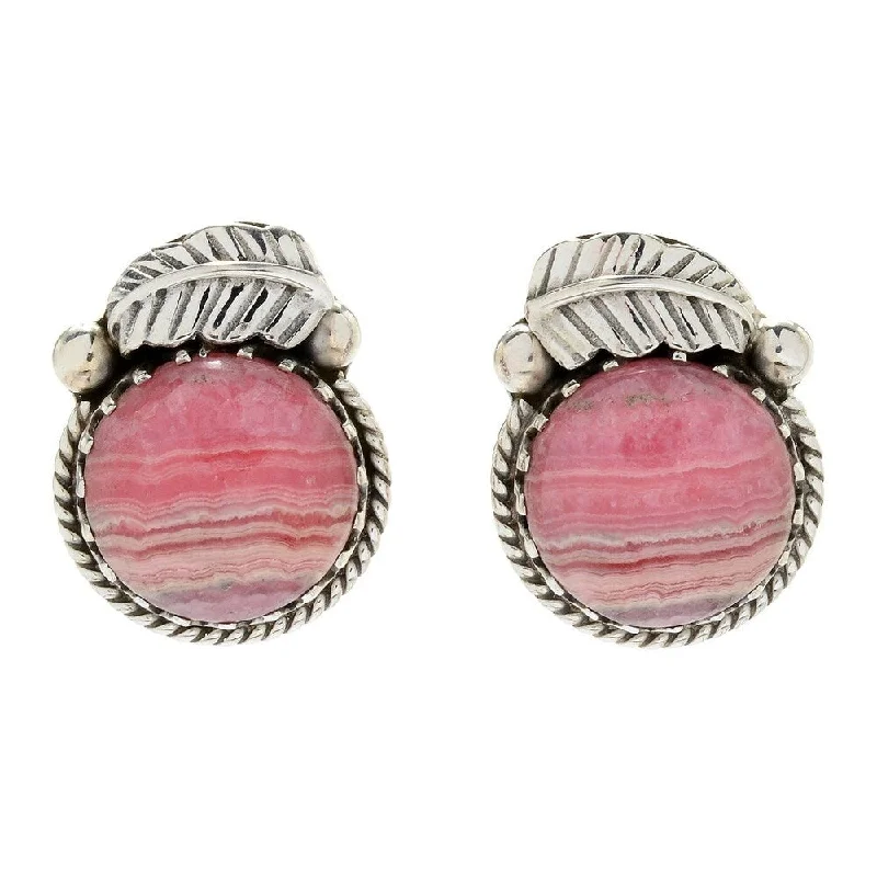 Sterling Silver 15mm Round Rhodochrosite Leaf Stud Earrings