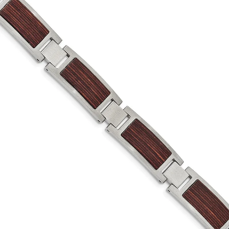 Men's 12mm Stainless Steel & Brown Wood Inlay Link Bracelet, 8.75 Inch