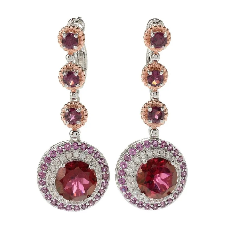 925 Sterling Silver Red Quartz,Rhodolite Garnet,White Natural Zircon Earrings