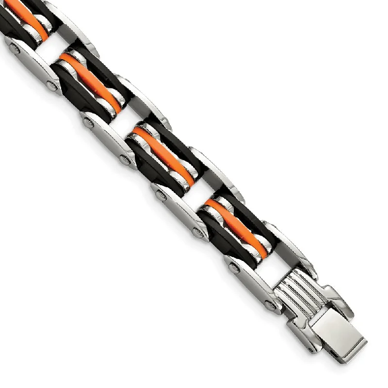 Men's Stainless Steel Black and Orange Rubber Bracelet - 8.5 Inch