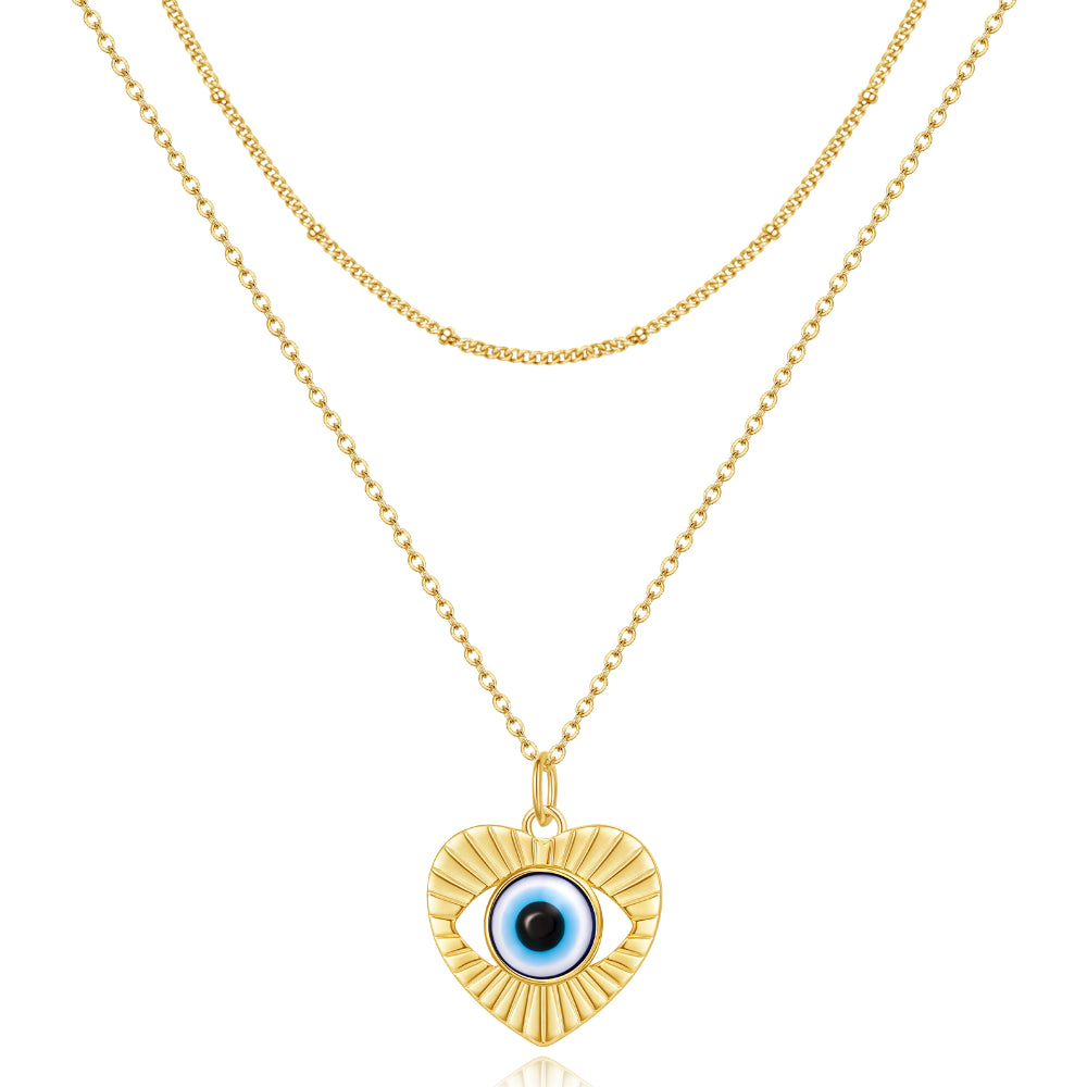 Dainty 14K Gold Layered Evil Eye Religious Necklace- Heart Shaped Blue Eyes+Satellite