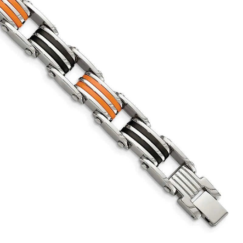 Men's 10mm Stainless Steel Black and Orange Rubber Bracelet, 8.75 Inch