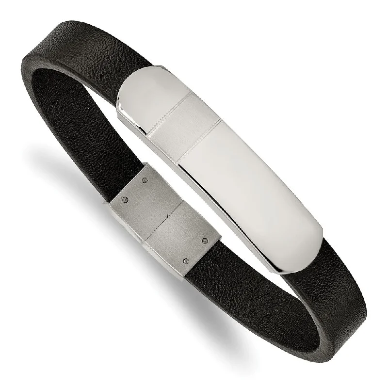 10mm Stainless Steel & Black Leather I.D. Bracelet, 8.5 Inch