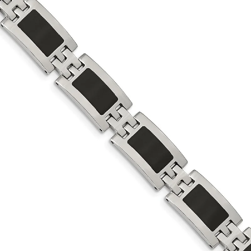 Men's Stainless Steel Black Enamel Bracelet, 9 Inch