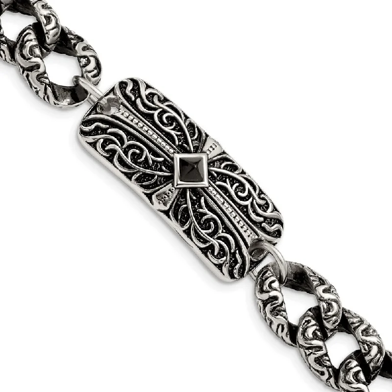 Stainless Steel Black Agate Antiqued Fancy Link Cross Bracelet, 9 Inch