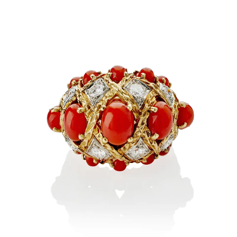 André Vassort Paris Coral and Diamond Bombé Ring