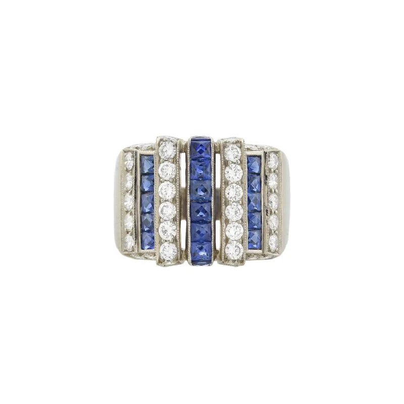 Art Deco 18kt Diamond + Sapphire Row Ring