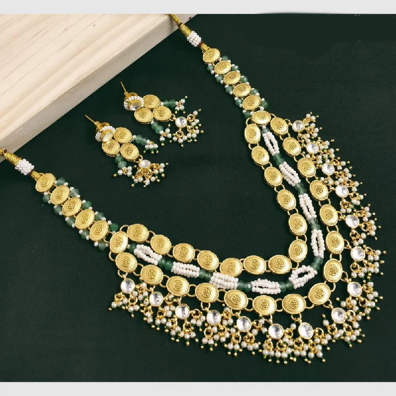 SNERA Gold Plated Kundan Stone And Pearls Multi Layer Necklace Set