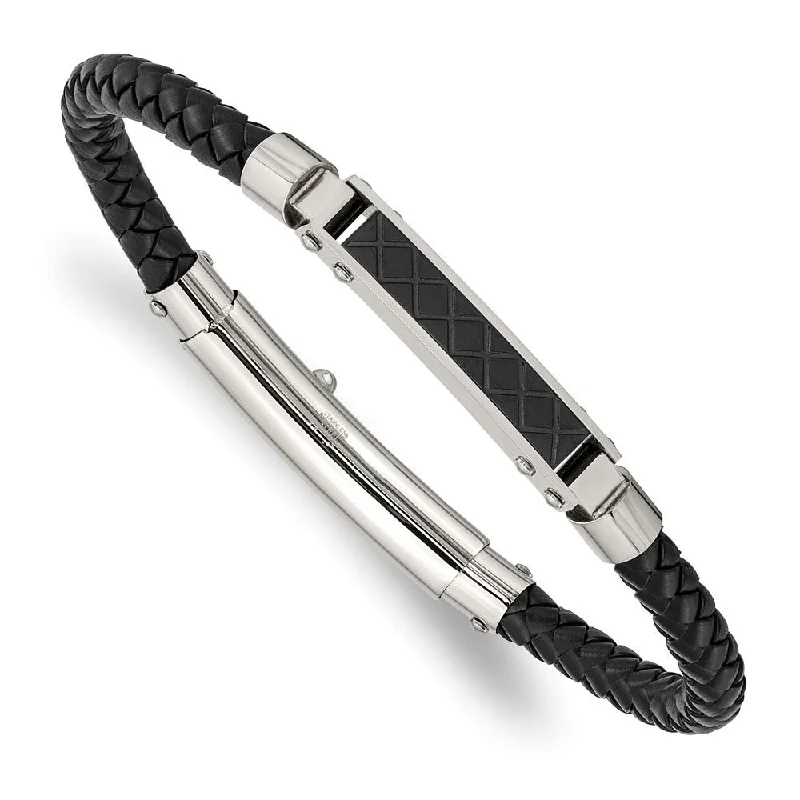 Two Tone Stainless Steel & Black Leather I.D. Bracelet, 7.5 to 8 Inch