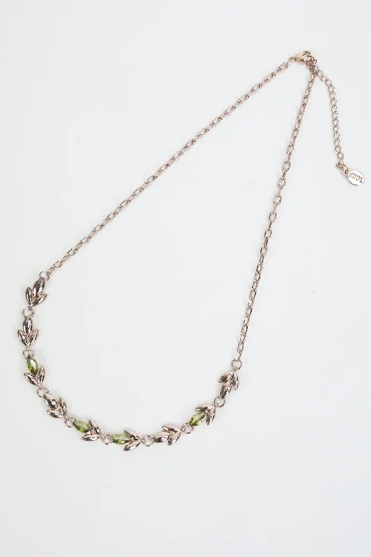 Leaf & Green Stone Rose Gold Necklace