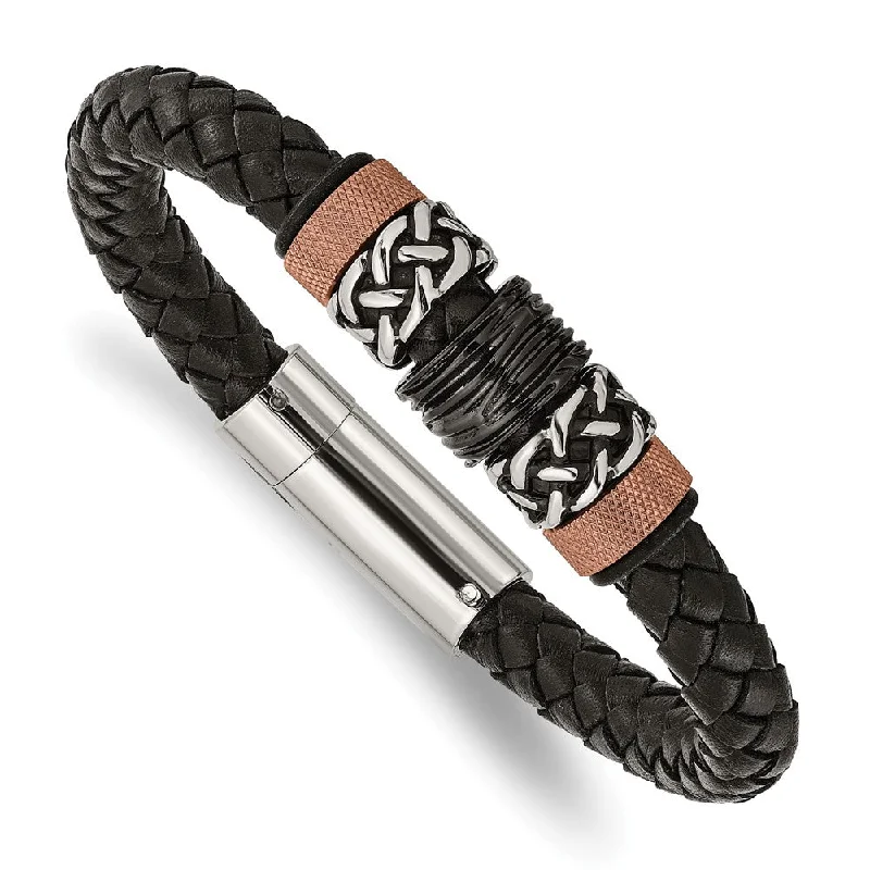 Men's Tricolor Stainless Steel & Black Leather Bead Bracelet, 8.5 Inch