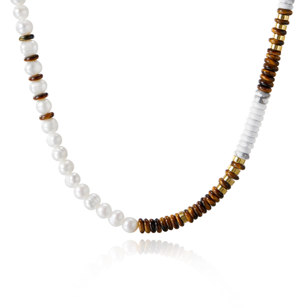 Boho Beaded Choker Necklace Natural Tiger Eye & Freshwater Pearl Surfer Necklace