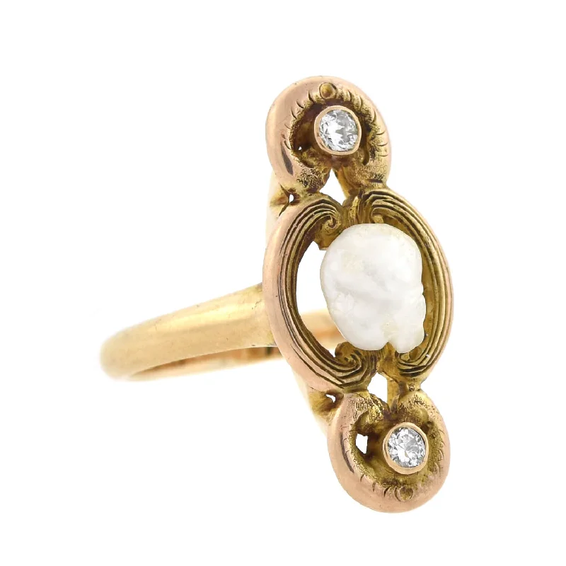 Art Nouveau 14kt Natural Pearl + Diamond Ring 0.10ctw