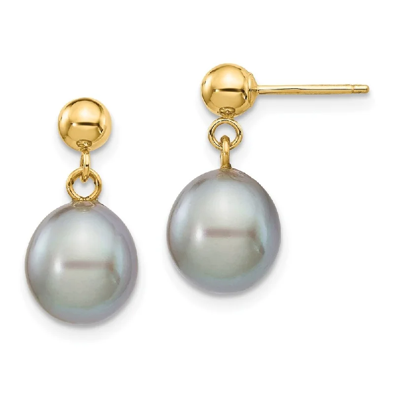 14k Yellow Gold 8-9mm Grey Pearl Dangle Earrings (L-18 mm, W-8.5 mm)