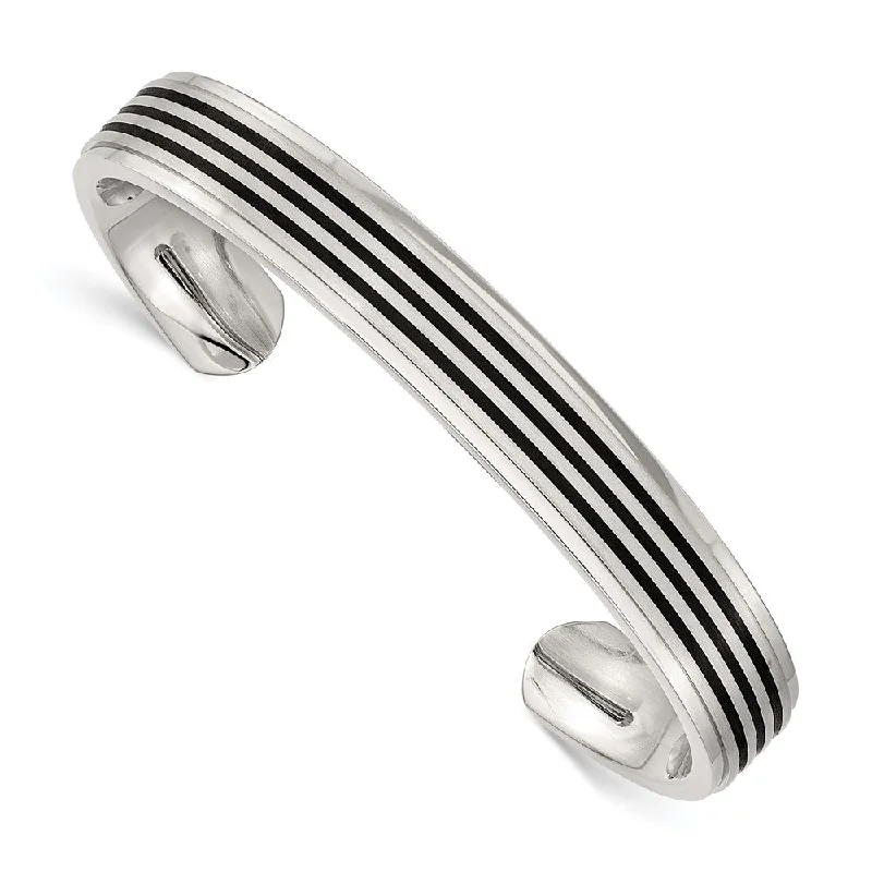 Men's 10mm Stainless Steel & Black Rubber Striped Cuff Bangle Bracelet