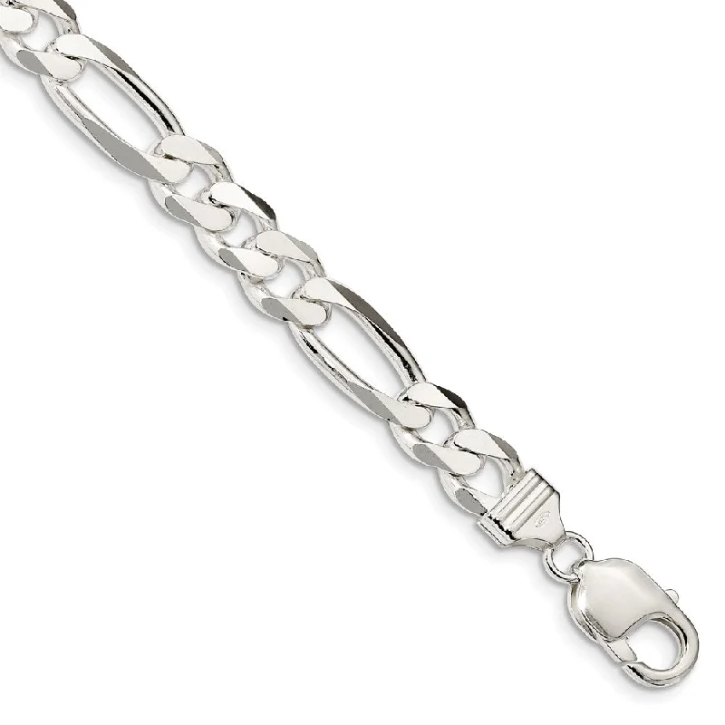 Men's 9mm, Sterling Silver, Solid Figaro Chain Bracelet