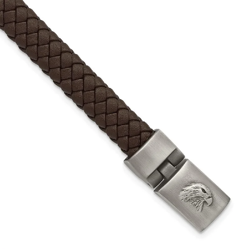 Stainless Steel & Brown Braided Leather Eagle Head Bracelet, 8.75 Inch