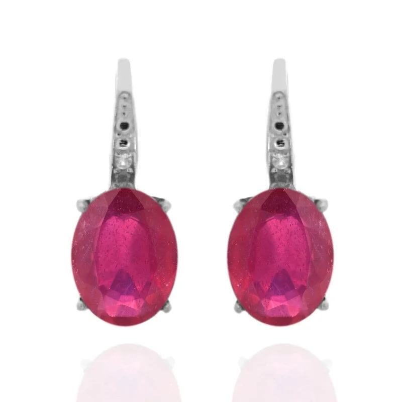 925 Sterling Silver Glass Filled Ruby and Diamond Earrings