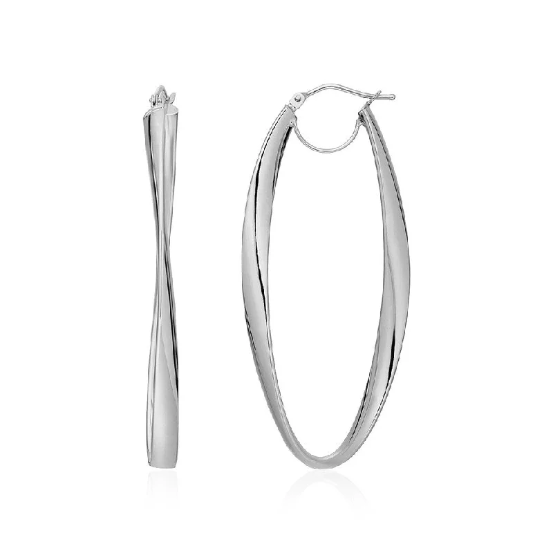 14k White Gold Twist Motif Oval Shape Hoop Earrings