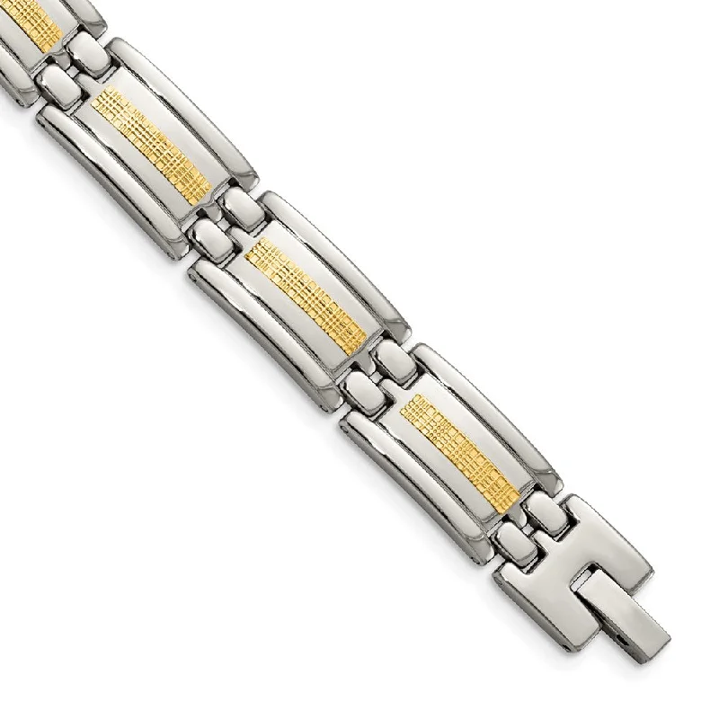 12mm Stainless Steel & 14K Yellow Gold Inlay Link Bracelet, 8.75 Inch