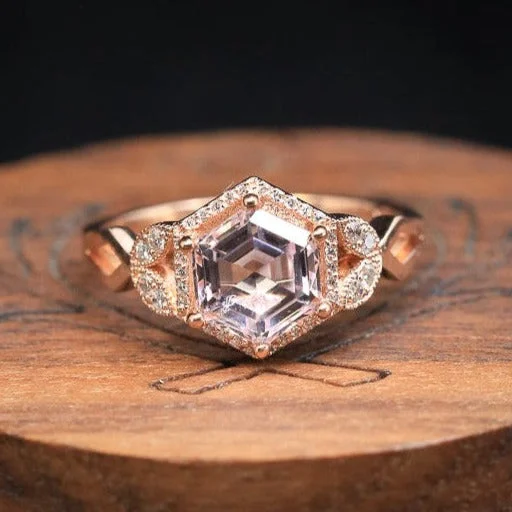 "LUCY IN THE SKY" - HEXAGON CUT MORGANITE ENGAGEMENT RING WITH DIAMOND ACCENTS & INLAYS