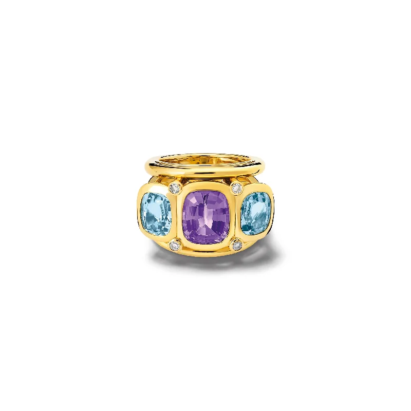 Ozymandias Ring 18ct Yellow Gold - Amethyst, Blue Topaz & Diamond