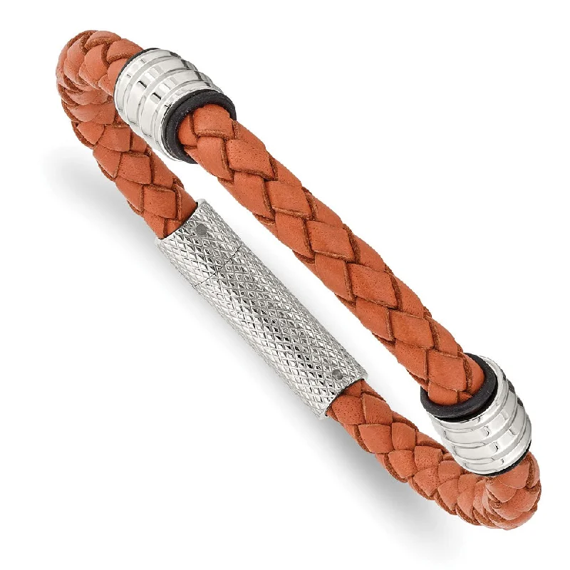 Stainless Steel & Orange Leather Braided Bead Bracelet, 8.25 Inch