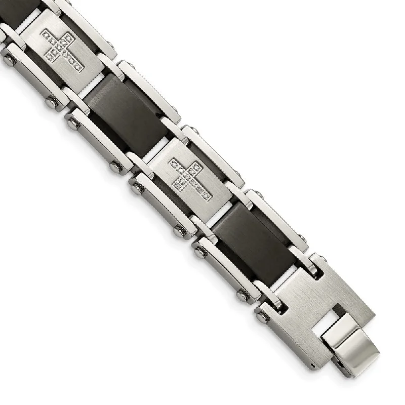 Men's Stainless Steel, Black Link & Diamond Cross Bracelet, 8.75 Inch