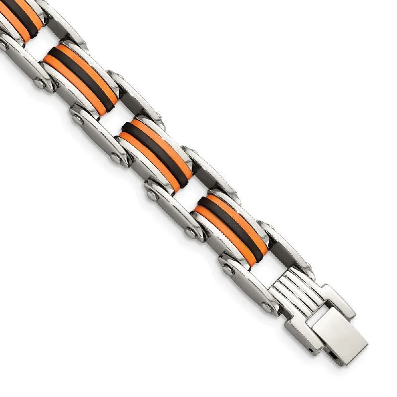 Men's Stainless Steel Orange and Black Rubber Bracelet - 8.75 Inch