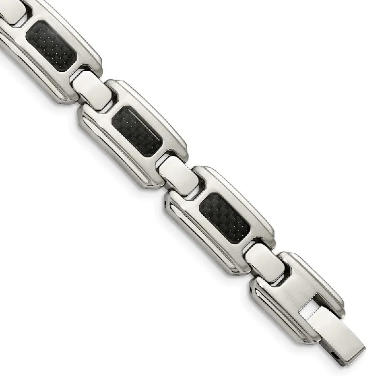 Men's 13mm Stainless Steel & Black Carbon Fiber Link Bracelet, 9 Inch