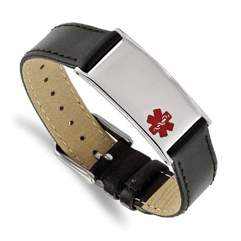 Stainless Steel Enamel Leather Medical I.D. Bracelet, 6.5 - 8.25 Inch