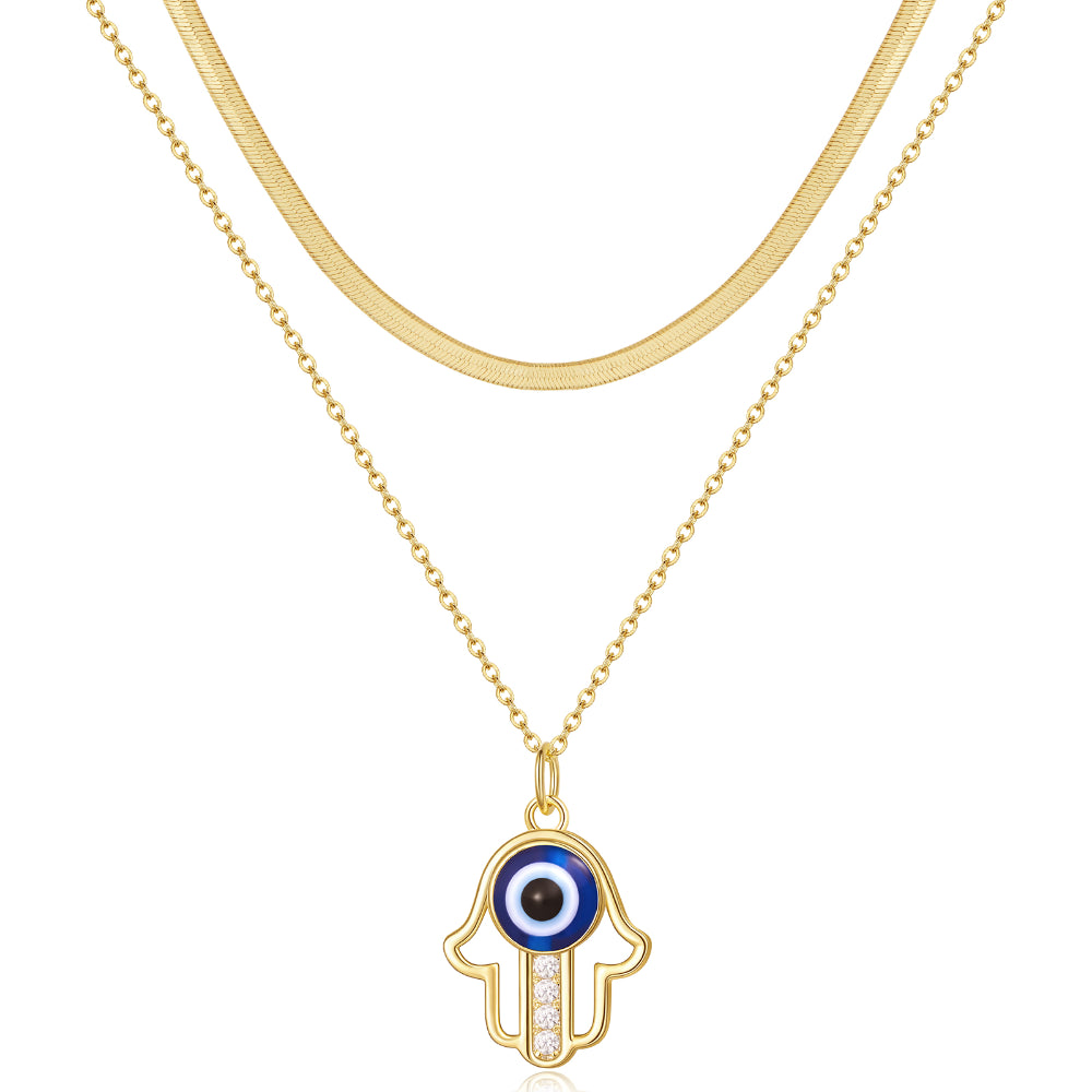 Dainty 14K Gold Layered Evil Eye Religious Necklace- Bergamot Blue Eye+Snake