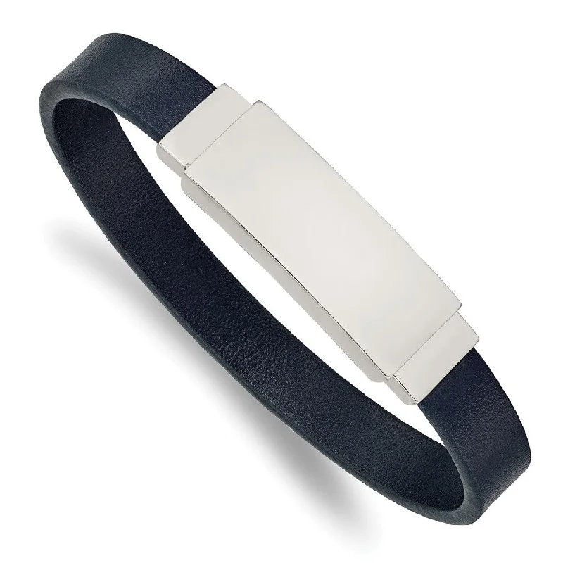 Men's Stainless Steel & Navy Blue Leather I.D. Bracelet, 8.5 Inch