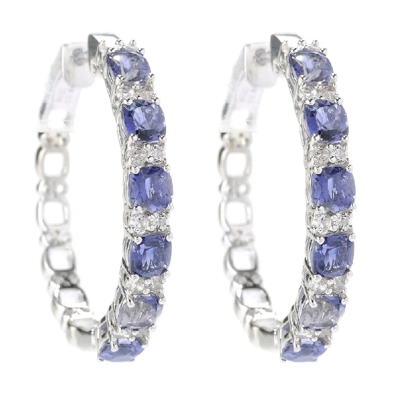 Sterling Silver 1-inch Iolite and White Topaz Hoop Earrings