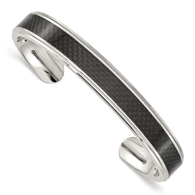 Men's 10mm Stainless Steel & Black Carbon Fiber Polished Cuff Bracelet