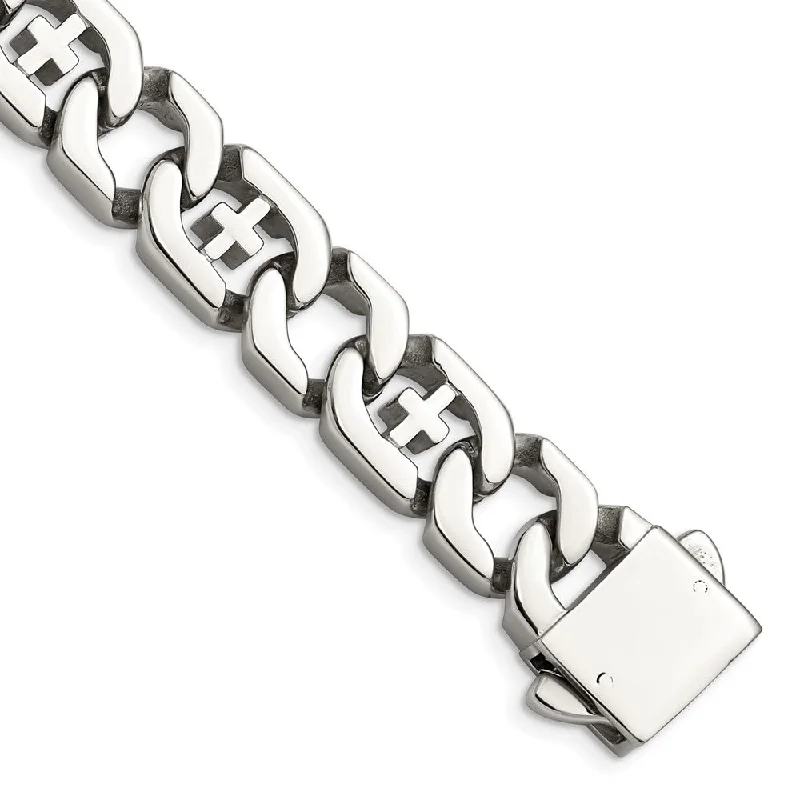 Men's 14mm Curb Link with Crosses Stainless Steel Bracelet, 8.5 Inch