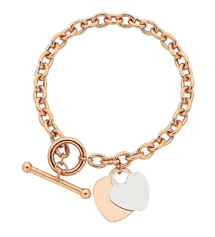 9ct Rose Gold Silver Infused Belcher Two Tone Heart Bracelet