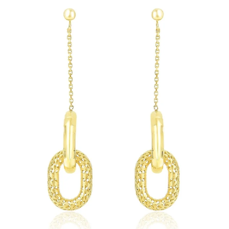 14k Yellow Gold Chain and Oval Motif Weave Style Dangling Earrings