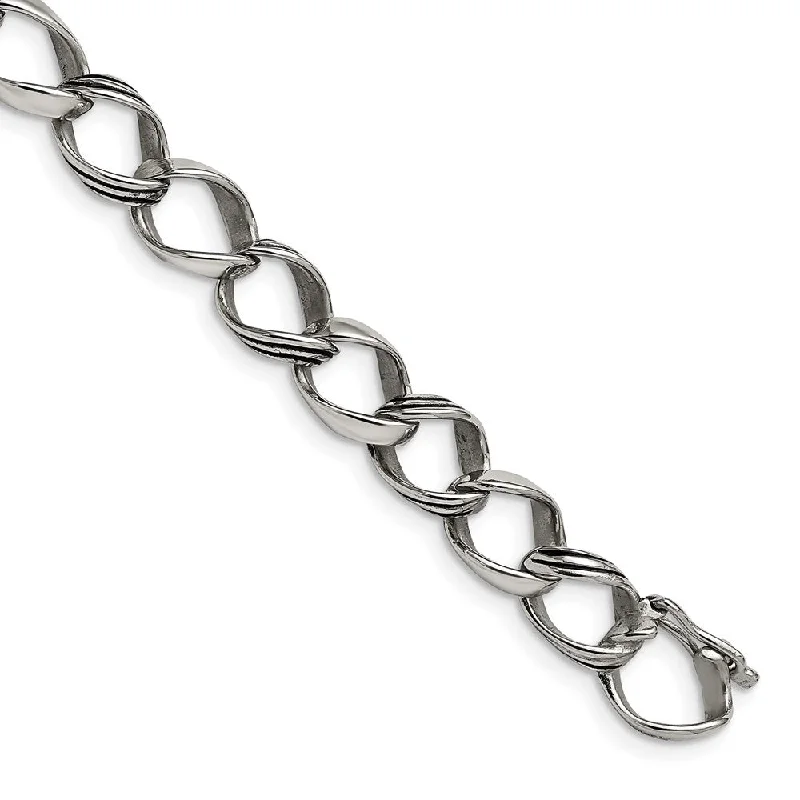 10mm Stainless Steel Antiqued Fancy Curb Chain Bracelet, 8.25 Inch