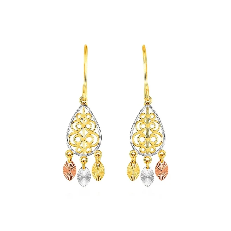 Textured Teardrop Chandelier Earrings in 14k Tri Color Gold