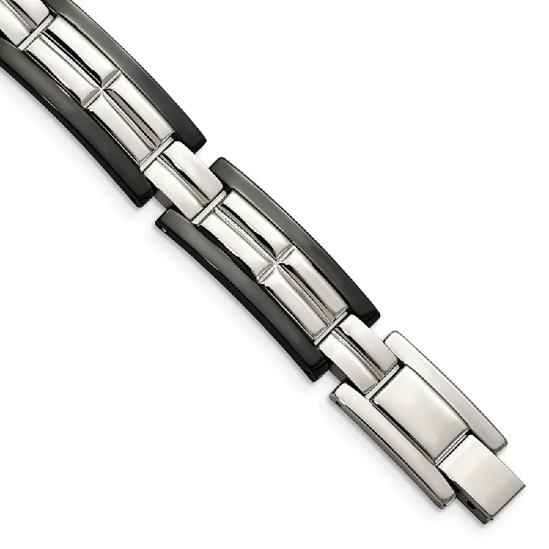 12mm Stainless Steel Polished & Black Plated Link Bracelet, 8.5 Inch