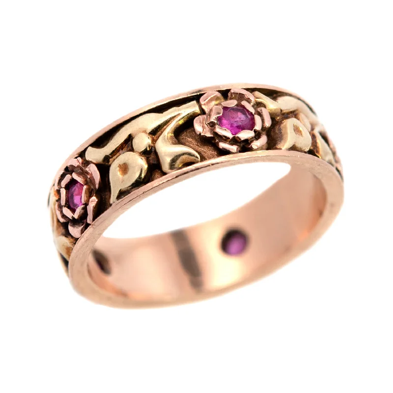 Retro 14k Gold Ruby Flower Motif Band