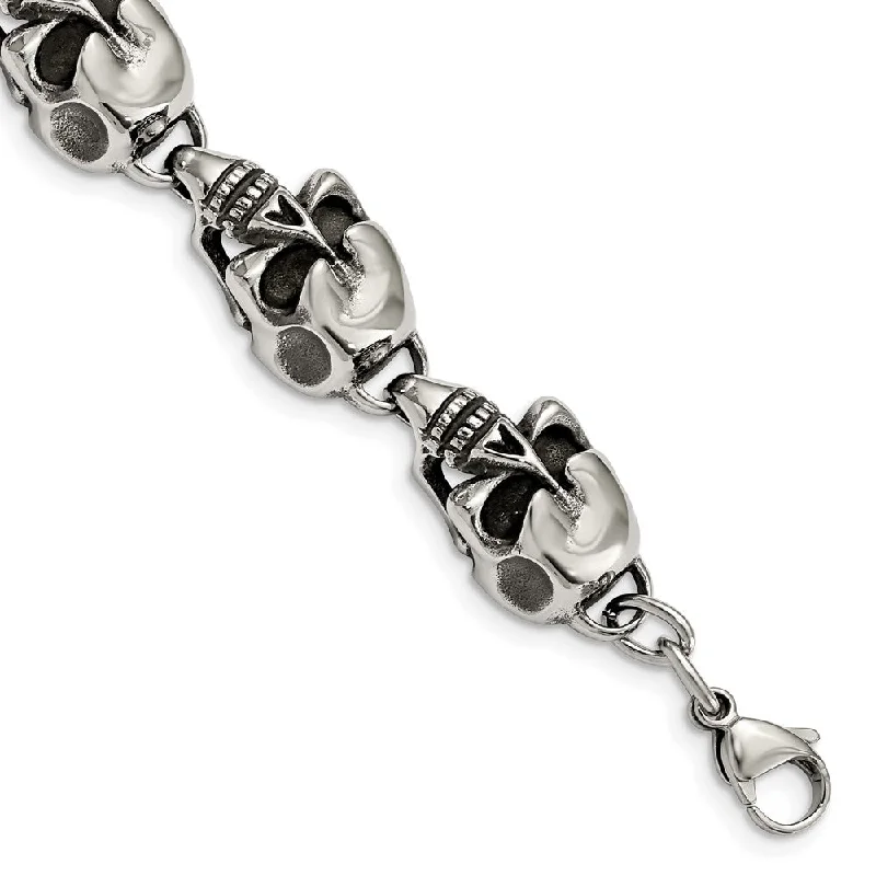 Men's Stainless Steel Antiqued Skulls Bracelet - 8.5 Inch